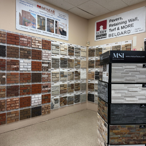 Masonry and brick options on display inside of Rainbow Ag.