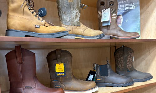 Boots and footwear on shelves inside of Raingbow Ag.